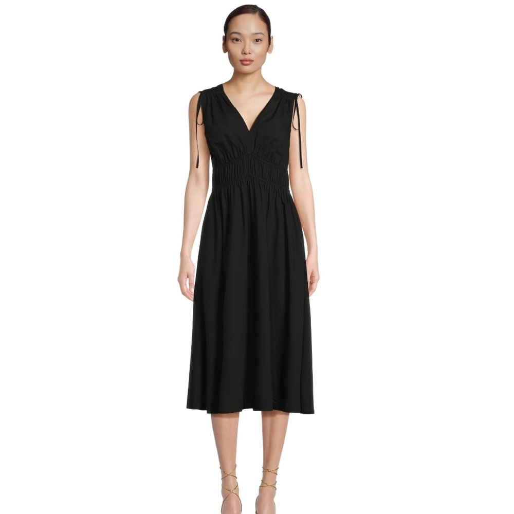 New Black V Neck Smocked Midi Dress XS